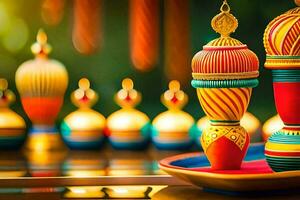 colorful decorative lamps on a table with a gold plate. AI-Generated photo