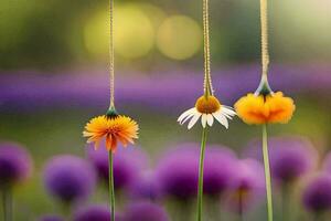 three flowers hanging from a string in a field. AI-Generated photo