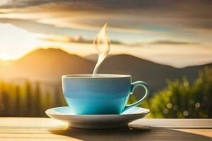a cup of coffee on a wooden table in the mountains. AI-Generated photo
