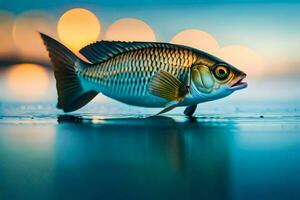 un pescado es en pie en el agua con un borroso antecedentes. generado por ai foto