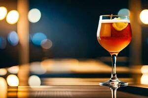 a glass of wine sitting on a table in front of a blurry background. AI-Generated photo