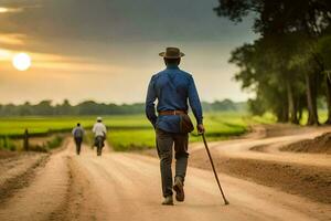 un hombre caminando abajo un suciedad la carretera con un caña. generado por ai foto