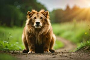 un león sentado en el suelo en el medio de un campo. generado por ai foto