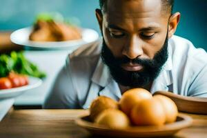 a man with a beard and a bowl of food. AI-Generated photo