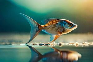 un pescado es en pie en el agua con sus reflexión. generado por ai foto