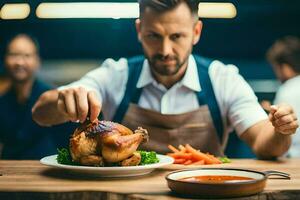 a man is holding a chicken on a plate. AI-Generated photo