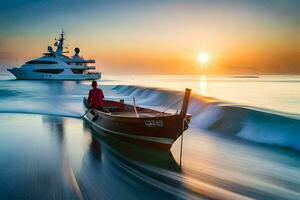 a man in a boat is sailing in the ocean at sunset. AI-Generated photo
