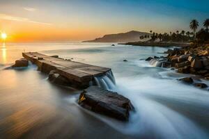 a long exposure photograph of a jetty on the beach at sunset. AI-Generated photo