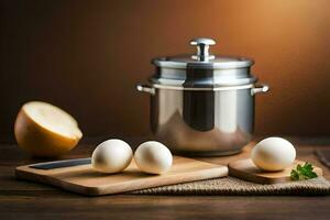 eggs on a cutting board next to a pot and a knife. AI-Generated photo