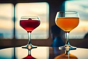 two glasses of alcohol on a table. AI-Generated photo