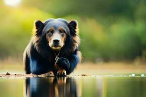 a bear is standing on the shore of a lake. AI-Generated photo