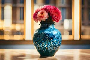 un azul florero con rosado flores sentado en un mesa. generado por ai foto