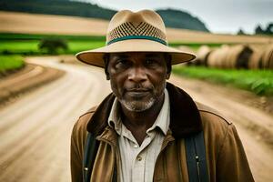 a man in a hat standing on a dirt road. AI-Generated photo