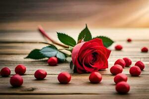 a single red rose on a wooden table with red berries. AI-Generated photo