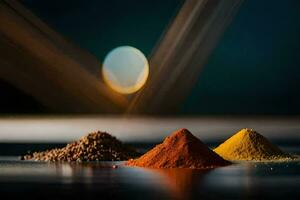 three different colored powders on a table. AI-Generated photo