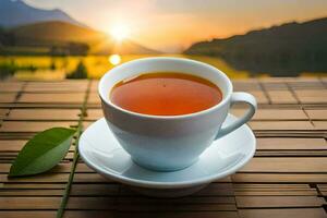 a cup of tea on a wooden table. AI-Generated photo