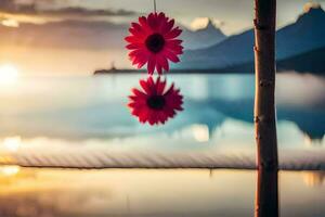 photo wallpaper the sky, water, mountains, flowers, the sun, the sky, the water. AI-Generated