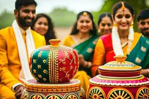 a group of people in colorful saris and colorful hats. AI-Generated photo