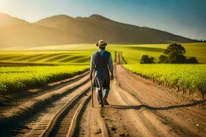 a man walking on a dirt road in a field. AI-Generated photo