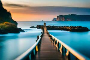 a long exposure photo of a wooden bridge over the ocean. AI-Generated