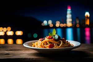 a plate of pasta with a city view. AI-Generated photo