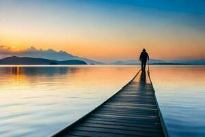 a man walking on a pier at sunset. AI-Generated photo