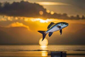 un pescado saltando fuera de el agua a puesta de sol. generado por ai foto