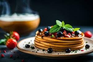 pancakes with berries and syrup on a plate. AI-Generated photo
