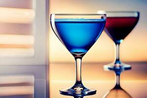 two glasses of blue and red liquid sitting on a table. AI-Generated photo