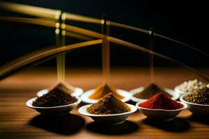 spices in bowls on a wooden table. AI-Generated photo