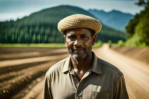 un hombre en un sombrero en pie en un campo. generado por ai foto