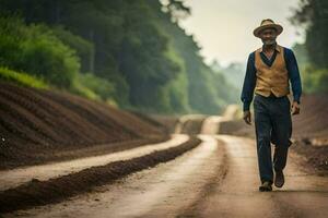 a man in a hat and vest walking down a dirt road. AI-Generated photo