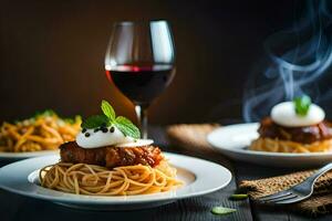 espaguetis con albóndigas y un vaso de rojo vino. generado por ai foto