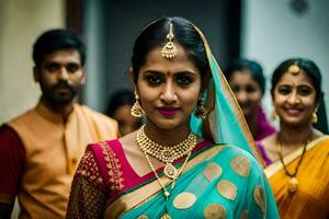 un mujer en un sari con oro joyas. generado por ai foto