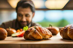 a man is looking at some food on a table. AI-Generated photo