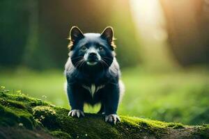 a black dog standing on a moss covered rock. AI-Generated photo