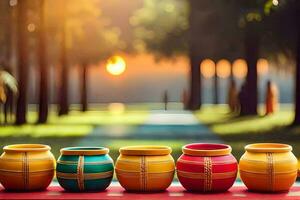 colorful pots on a table in front of a sunset. AI-Generated photo