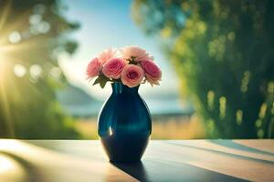 a blue vase with pink roses on a table. AI-Generated photo