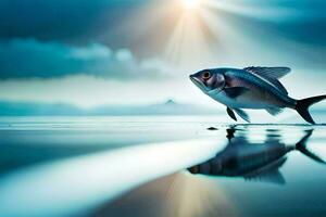 un pescado es en pie en el playa con el Dom brillante. generado por ai foto