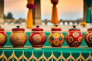 a row of colorful vases on a table. AI-Generated photo