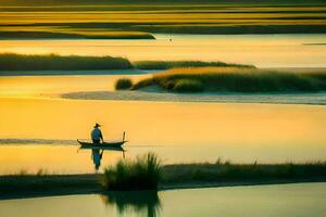 un hombre en un barco en el río a puesta de sol. generado por ai foto