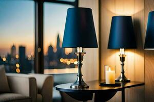 two lamps sit on a table next to a couch. AI-Generated photo