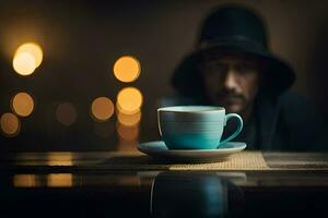 un hombre en un sombrero se sienta a un mesa con un taza de café. generado por ai foto