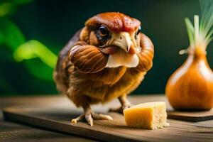 un pollo con un grande cabeza y un pedazo de queso. generado por ai foto