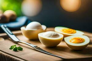 hard boiled eggs on a cutting board. AI-Generated photo