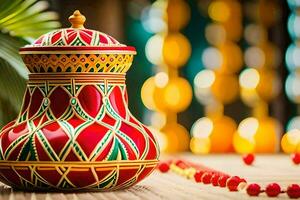 a colorful vase with a red and green design. AI-Generated photo
