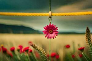 a pink flower is hanging from a rope in front of a field. AI-Generated photo
