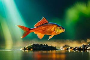 a fish is standing on the water with sunlight shining on it. AI-Generated photo