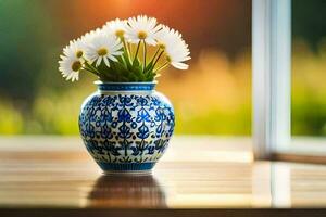 a vase with daisies on a table in front of a window. AI-Generated photo