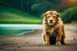 a lion sitting on the ground near a lake. AI-Generated photo